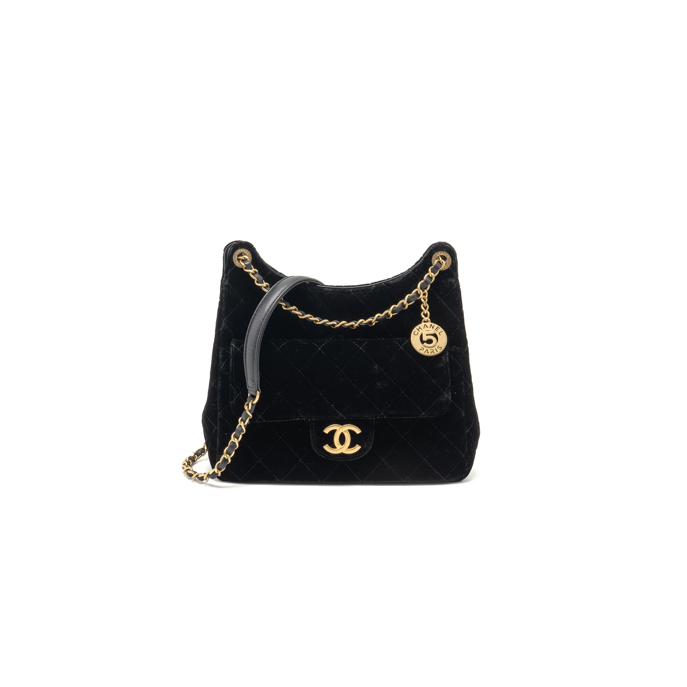 CHANEL 23B HOBO BAG VELVET BLACK GHW 296301 (23*22*7cm)
